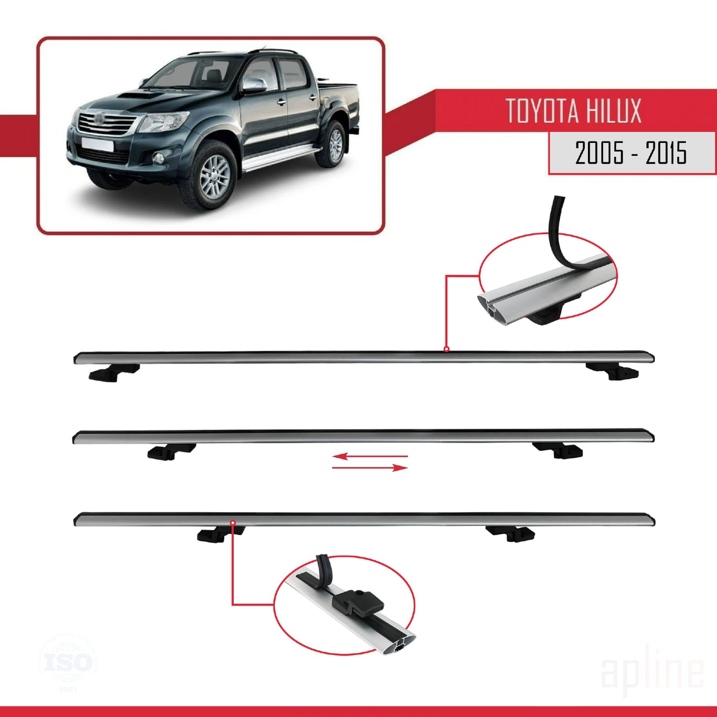 Compatible avec Toyota Hilux 7 (AN30) 2005-2015 BASIC Model Barres de Toit Railing Porte-Bagages de Voiture Gris Aluminium 3 Barres