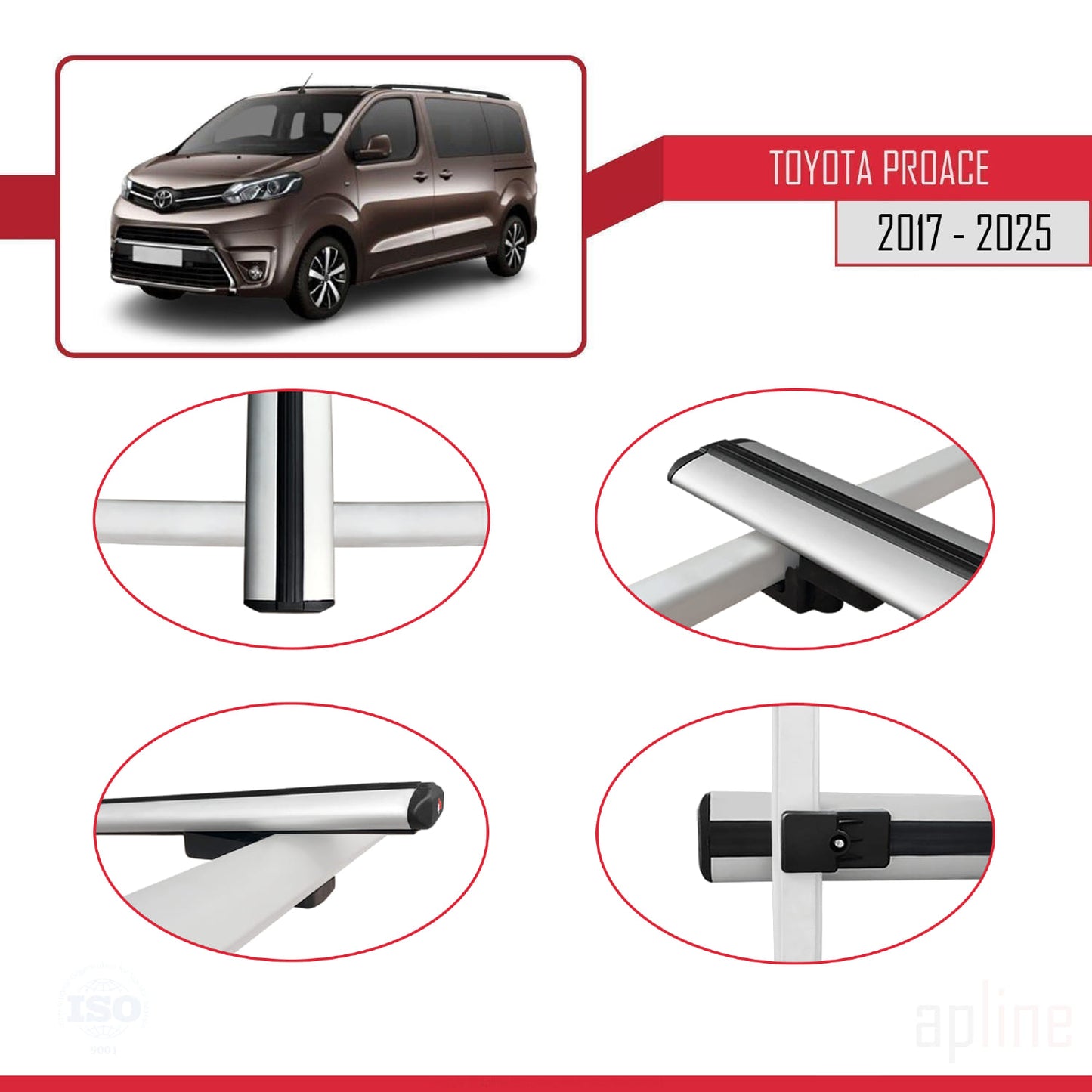 Compatible avec Toyota Proace 2017-2025 BASIC Model Barres de Toit Railing Porte-Bagages de Voiture Gris Aluminium 4 Barres