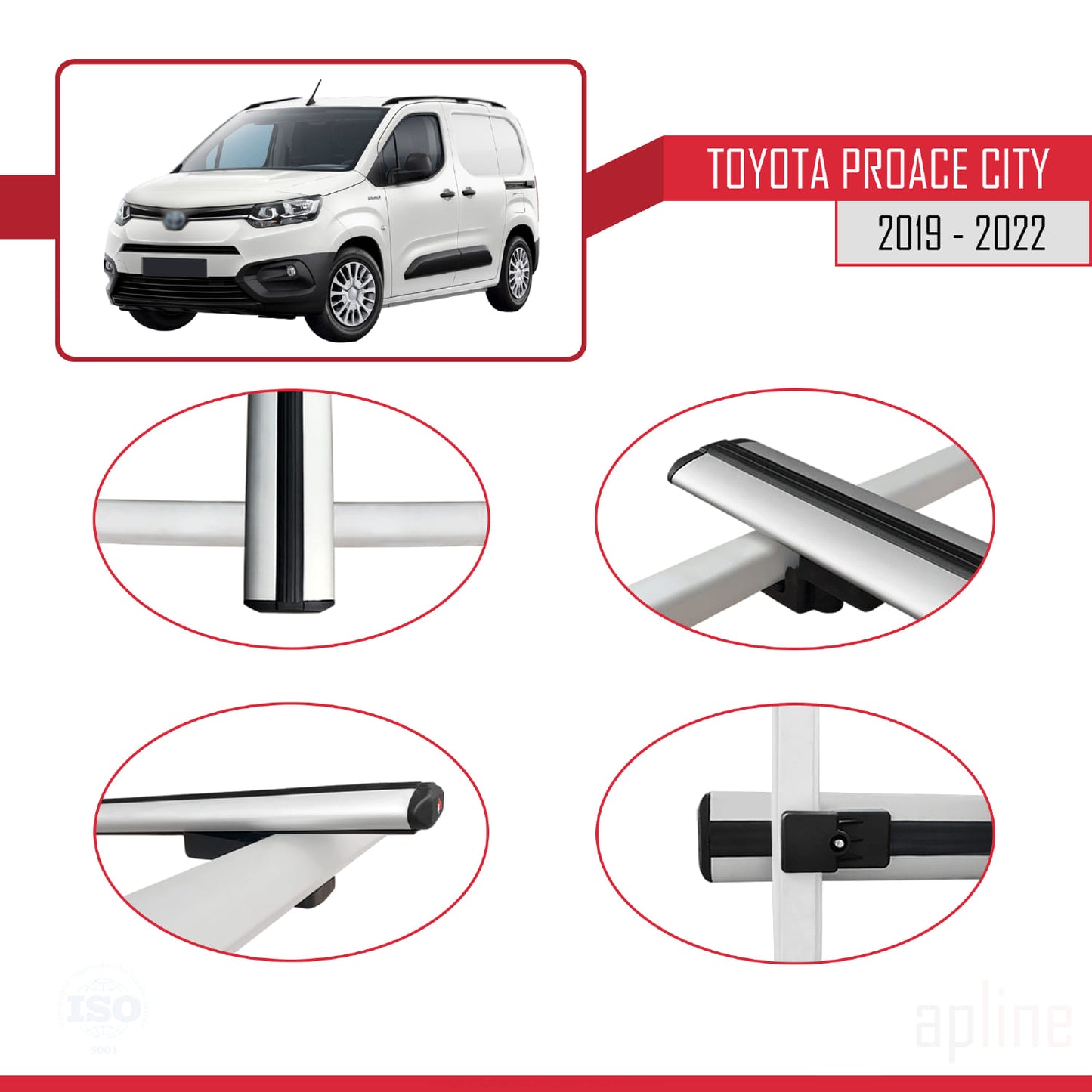 Compatible avec Toyota Proace City 2019-2022 BASIC Model Barres de Toit Railing Porte-Bagages de Voiture Gris Aluminium 4 Barres