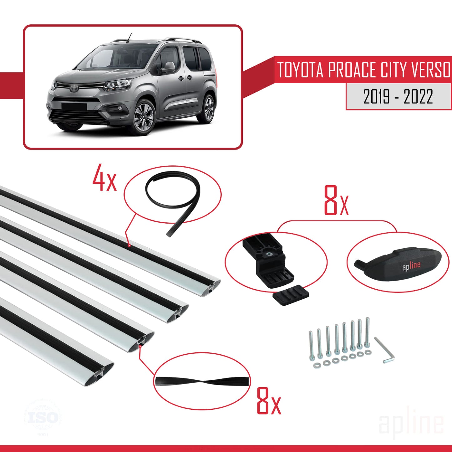 Compatible avec Toyota Proace City Verso 2019-2022 BASIC Model Barres de Toit Railing Porte-Bagages de Voiture Gris Aluminium 4 Barres