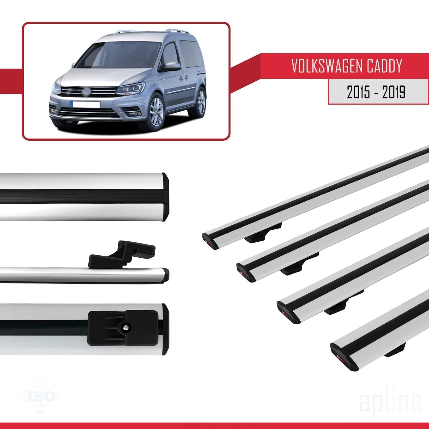 Compatible avec Volkswagen Caddy 3 (SA) 2015-2019 BASIC Model Barres de Toit Railing Porte-Bagages de Voiture Gris Aluminium 4 Barres