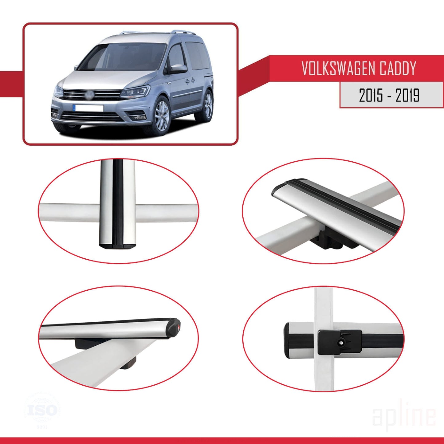 Compatible avec Volkswagen Caddy 3 (SA) 2015-2019 BASIC Model Barres de Toit Railing Porte-Bagages de Voiture Gris Aluminium 4 Barres