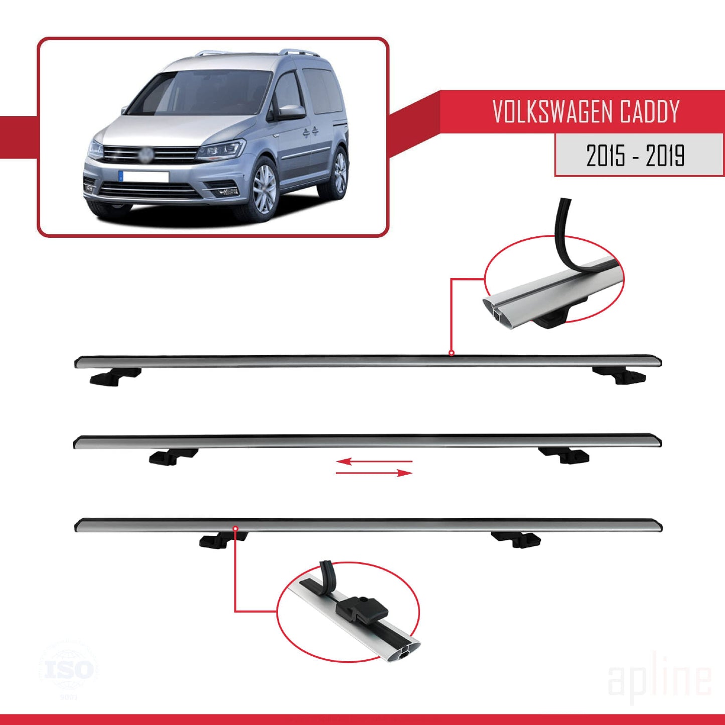 Compatible avec Volkswagen Caddy 3 (SA) 2015-2019 BASIC Model Barres de Toit Railing Porte-Bagages de Voiture Gris Aluminium 4 Barres