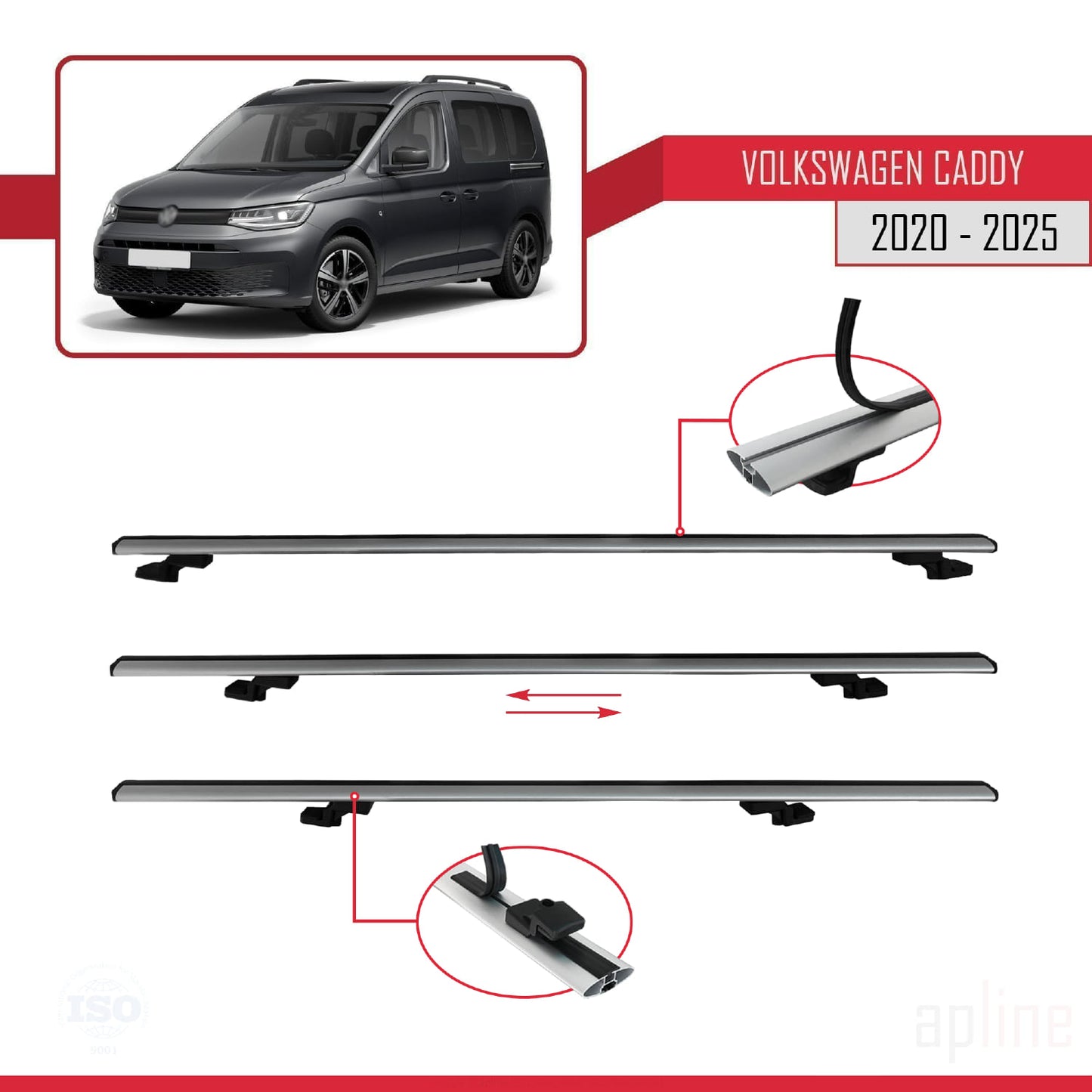 Compatible avec Volkswagen Caddy 4 (SB) 2020-2025 BASIC Model Barres de Toit Railing Porte-Bagages de Voiture Gris Aluminium 3 Barres