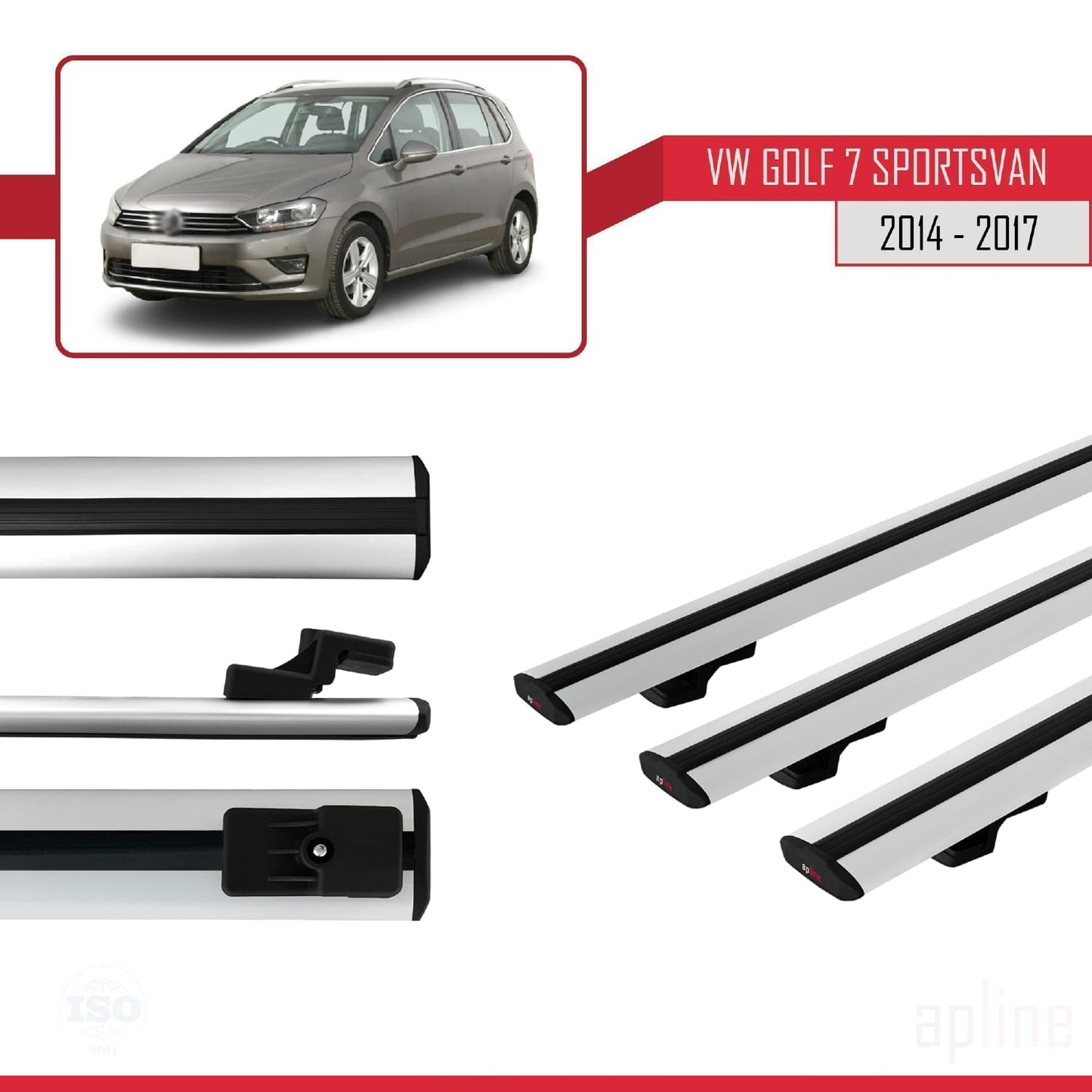 Compatible avec Volkswagen Golf Sportvan 2014-2017 BASIC Model Barres de Toit Railing Porte-Bagages de Voiture Gris Aluminium 3 Barres