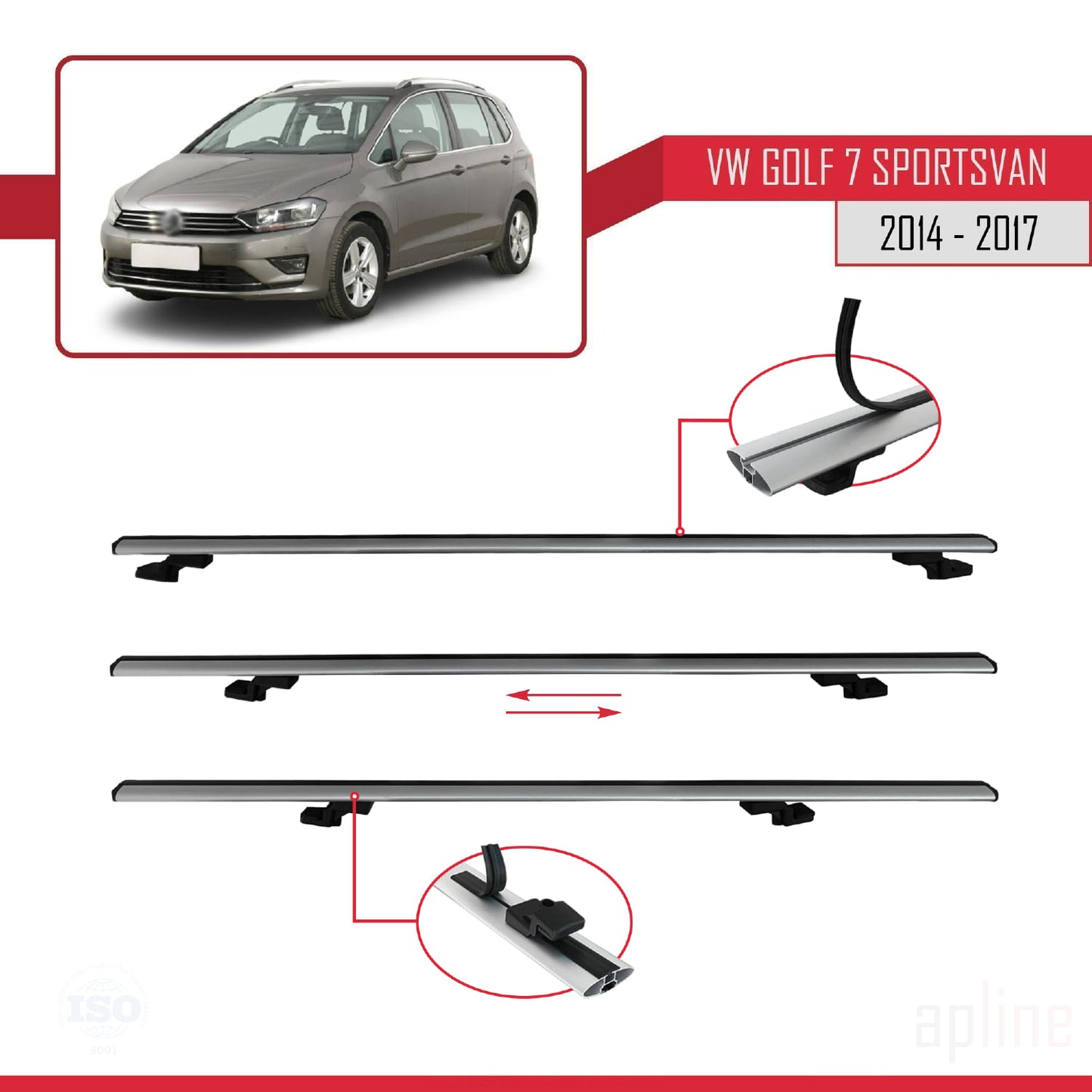 Compatible avec Volkswagen Golf Sportvan 2014-2017 BASIC Model Barres de Toit Railing Porte-Bagages de Voiture Gris Aluminium 2 Barres