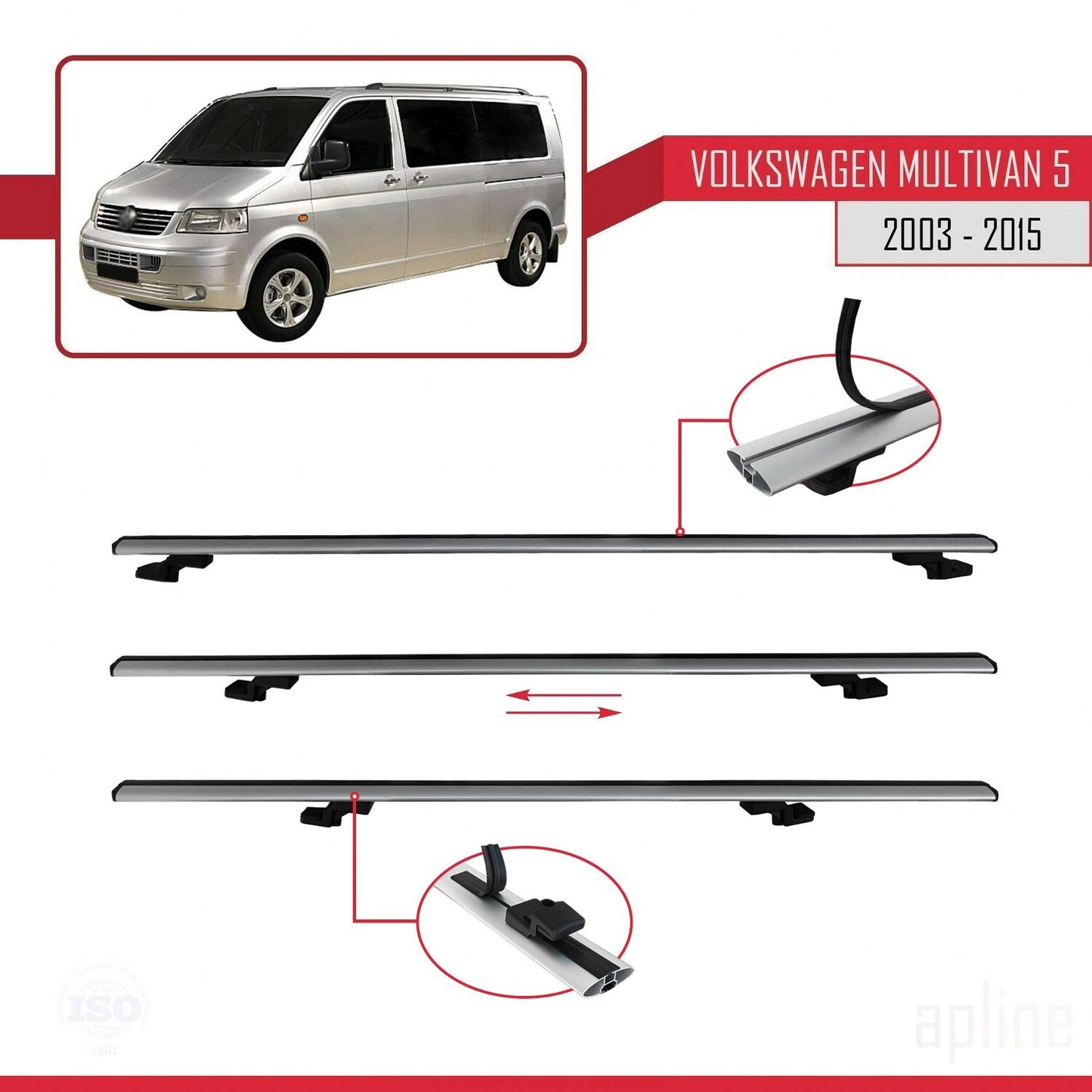 Compatible avec Volkswagen T5 Multivan 2003-2015 BASIC Model Barres de Toit Railing Porte-Bagages de Voiture Gris Aluminium 2 Barres