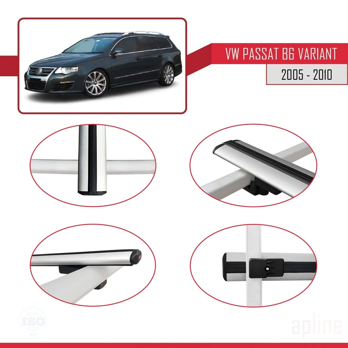 Compatible avec Volkswagen Passat B6 (3C) Variant 2005-2010 BASIC Model Barres de Toit Railing Porte-Bagages de Voiture Gris Aluminium 3 Barres