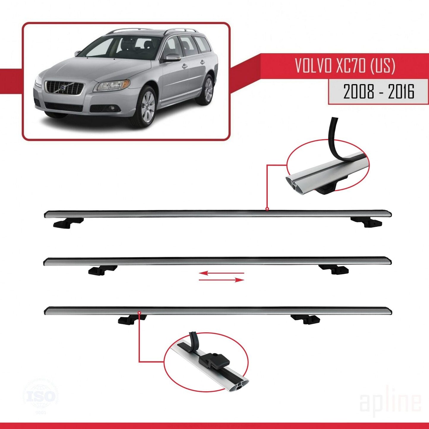 Compatible avec Volvo XC70 II (P24) 2008-2016 BASIC Model Barres de Toit Railing Porte-Bagages de Voiture Gris Aluminium 3 Barres