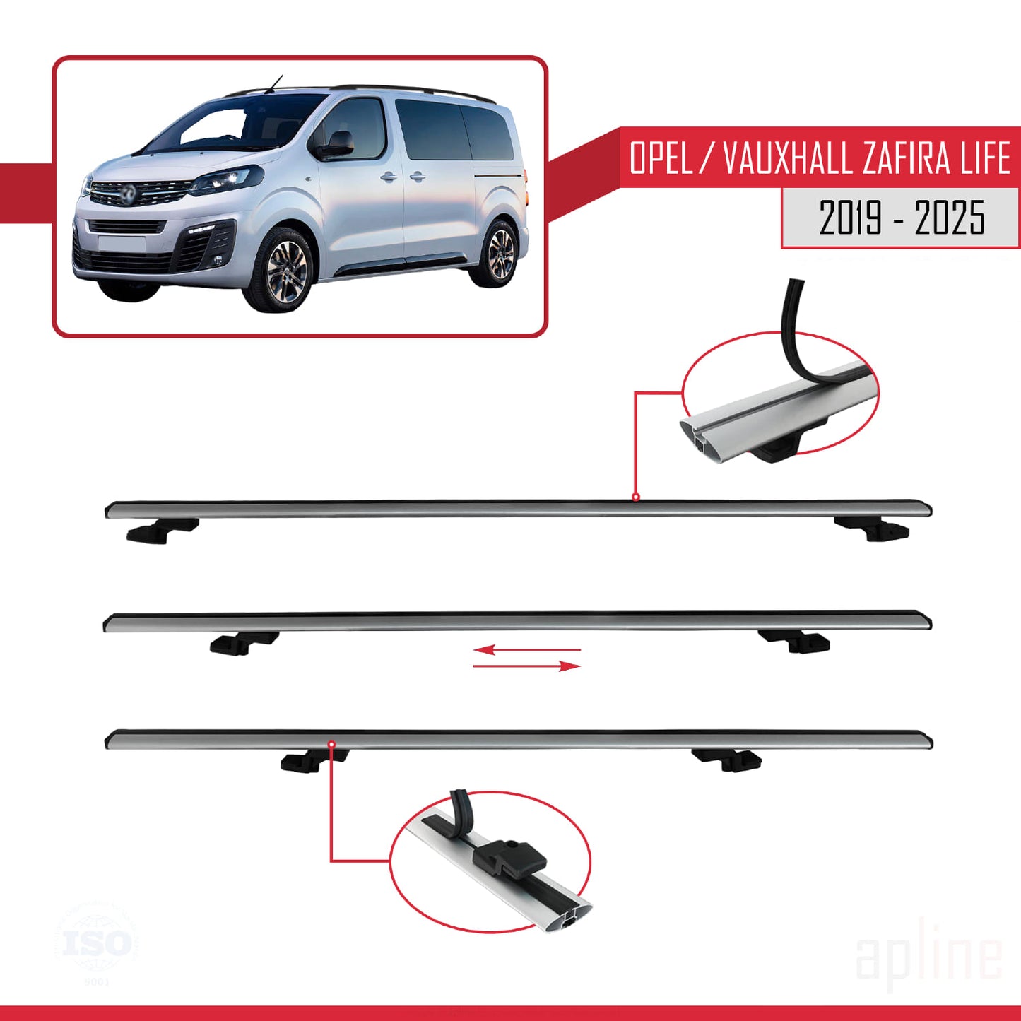 Compatible avec Opel Zafira Life 2019-2025 BASIC Model Barres de Toit Railing Porte-Bagages de Voiture Gris Aluminium 3 Barres