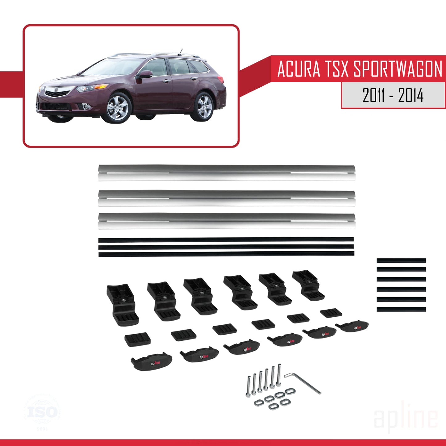 Kompatibel mit Acura TSX Sport Wagon 2011-2014 BASIC Modell Dachreling Gepäckträger Graues Aluminium 3-Stangen