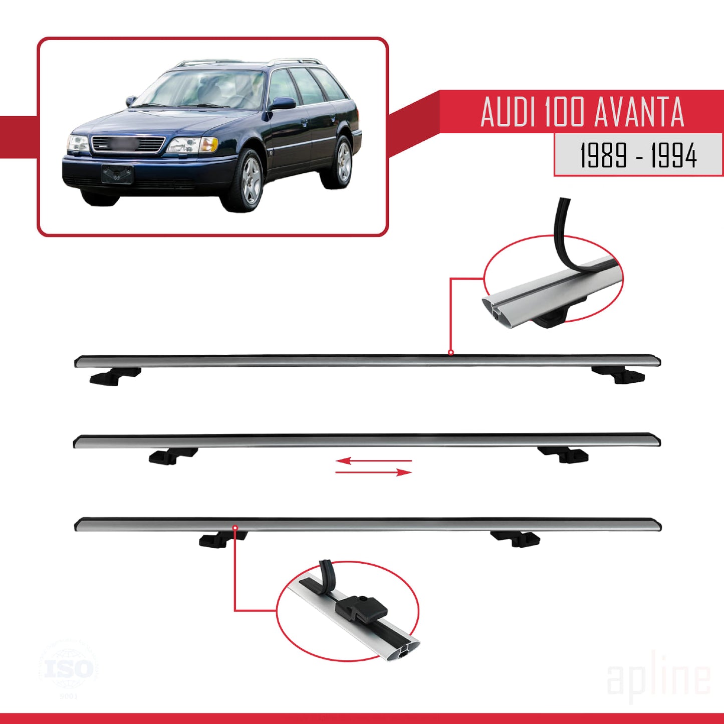 Kompatibel mit Audi 100 Avanta 1989-1994 Basismodell Dachgepäckträger, graues Aluminium, 2 Stangen