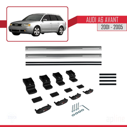Kompatibel mit Audi A6 Avant 2001-2005 Basismodell Dachgepäckträger, graues Aluminium, 2 Stangen