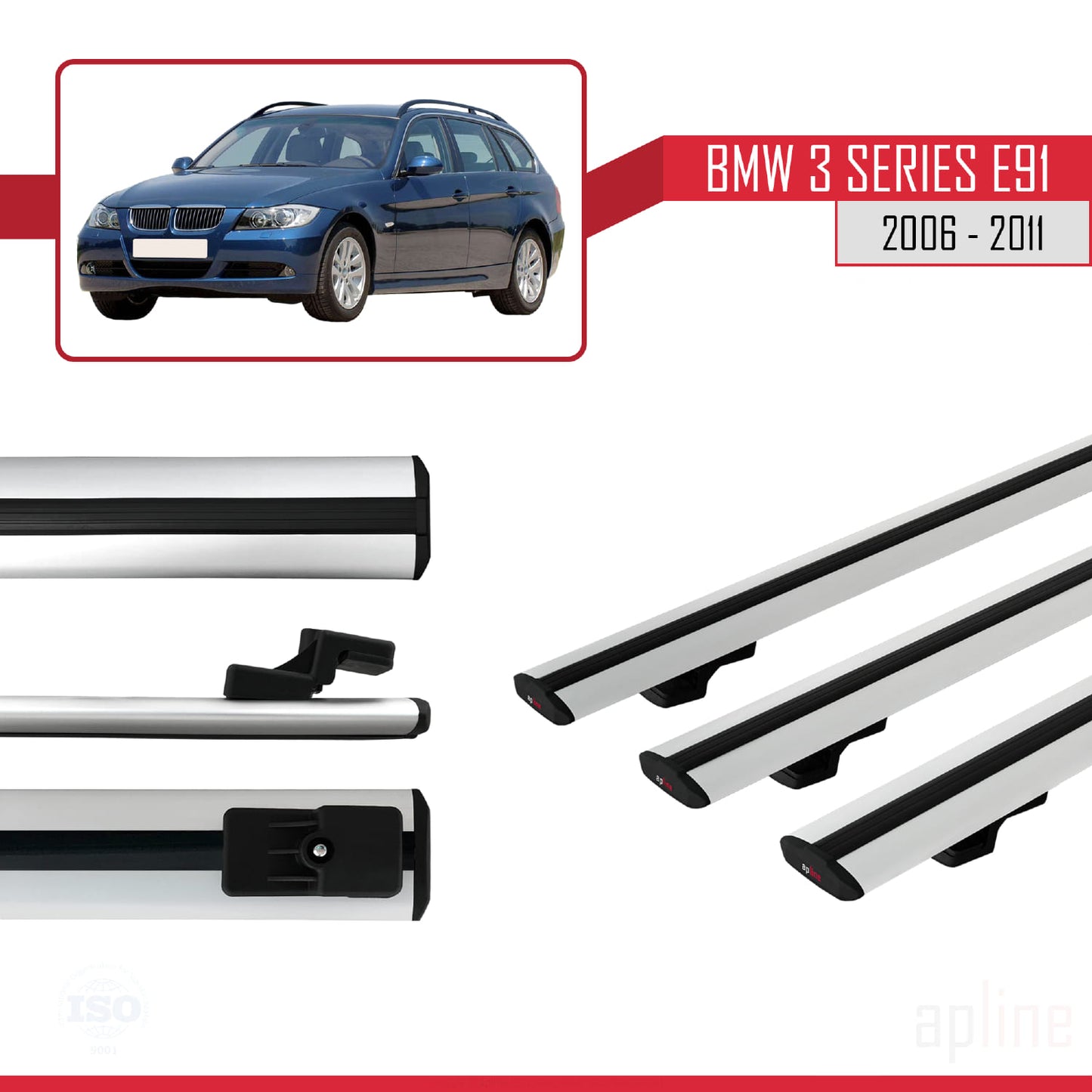 Kompatibel mit BMW 3er E91 Touring 2006-2011 Basismodell Dachgepäckträger, graues Aluminium, 3-teilig