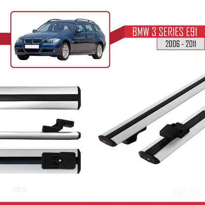 Kompatibel mit BMW 3er E91 Touring 2006-2011 Basismodell Dachgepäckträger, graues Aluminium, 2 Stangen