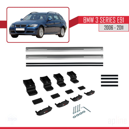 Kompatibel mit BMW 3er E91 Touring 2006-2011 Basismodell Dachgepäckträger, graues Aluminium, 2 Stangen