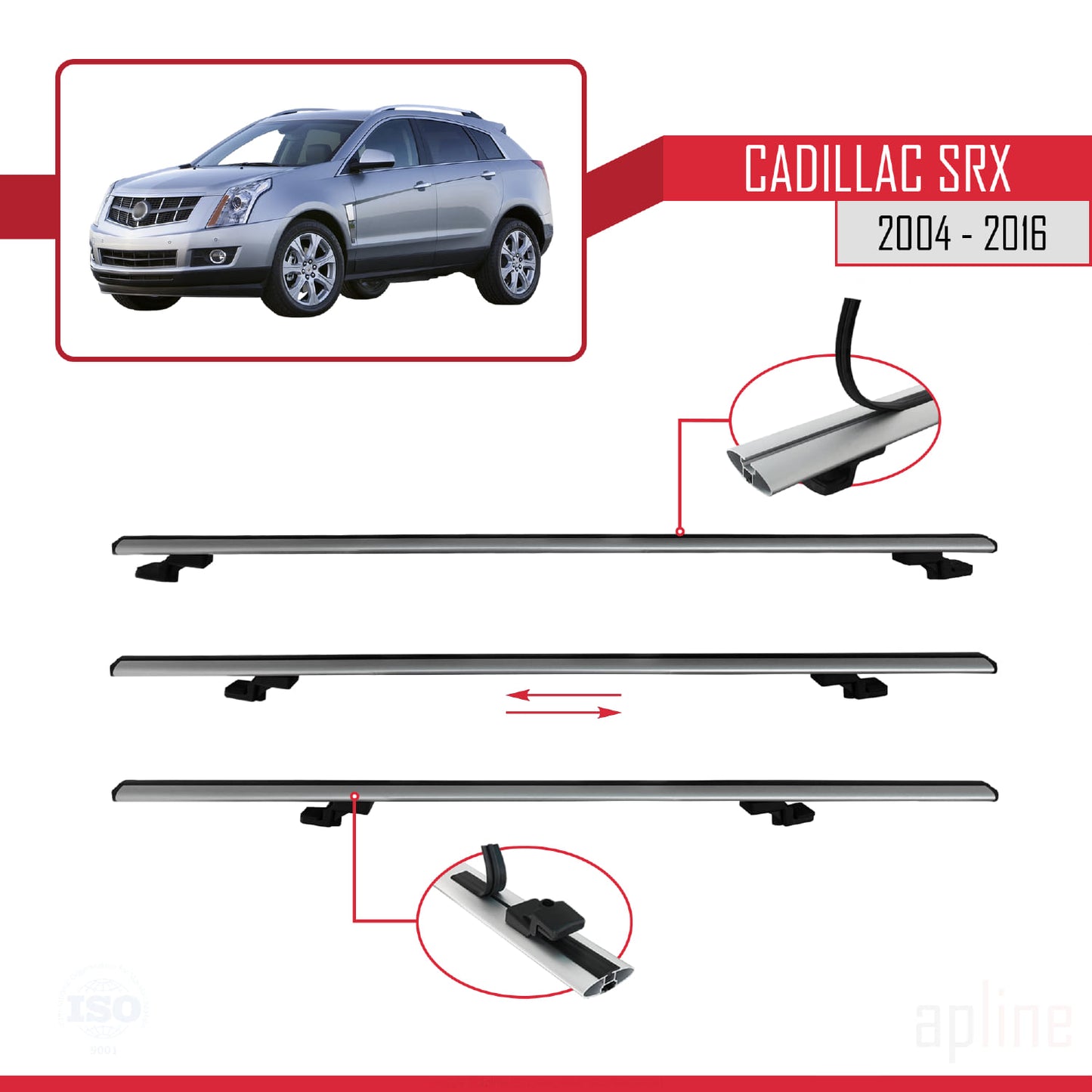 Kompatibel mit Cadillac SRX 2004-2016 BASIC Modell Dachgepäckträger, graues Aluminium, 3 Stangen