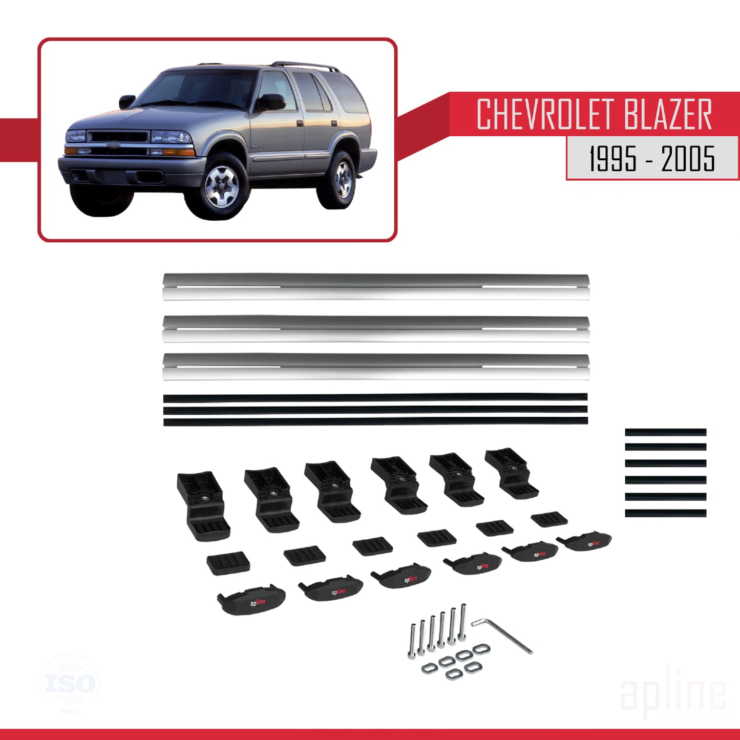 Kompatibel mit Chevrolet Blazer 1995-2005 BASIC Modell Dachreling Gepäckträger Graues Aluminium 3 Stangen