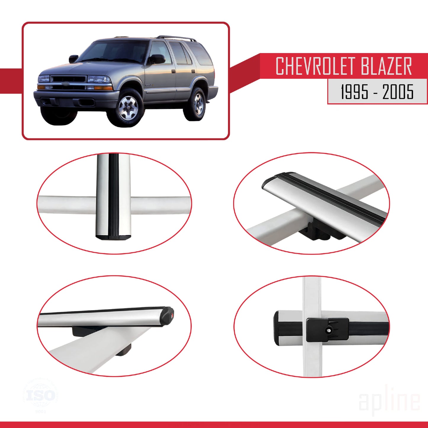 Kompatibel mit Chevrolet Blazer 1995-2005 BASIC Modell Dachgepäckträger, graues Aluminium, 2 Stangen