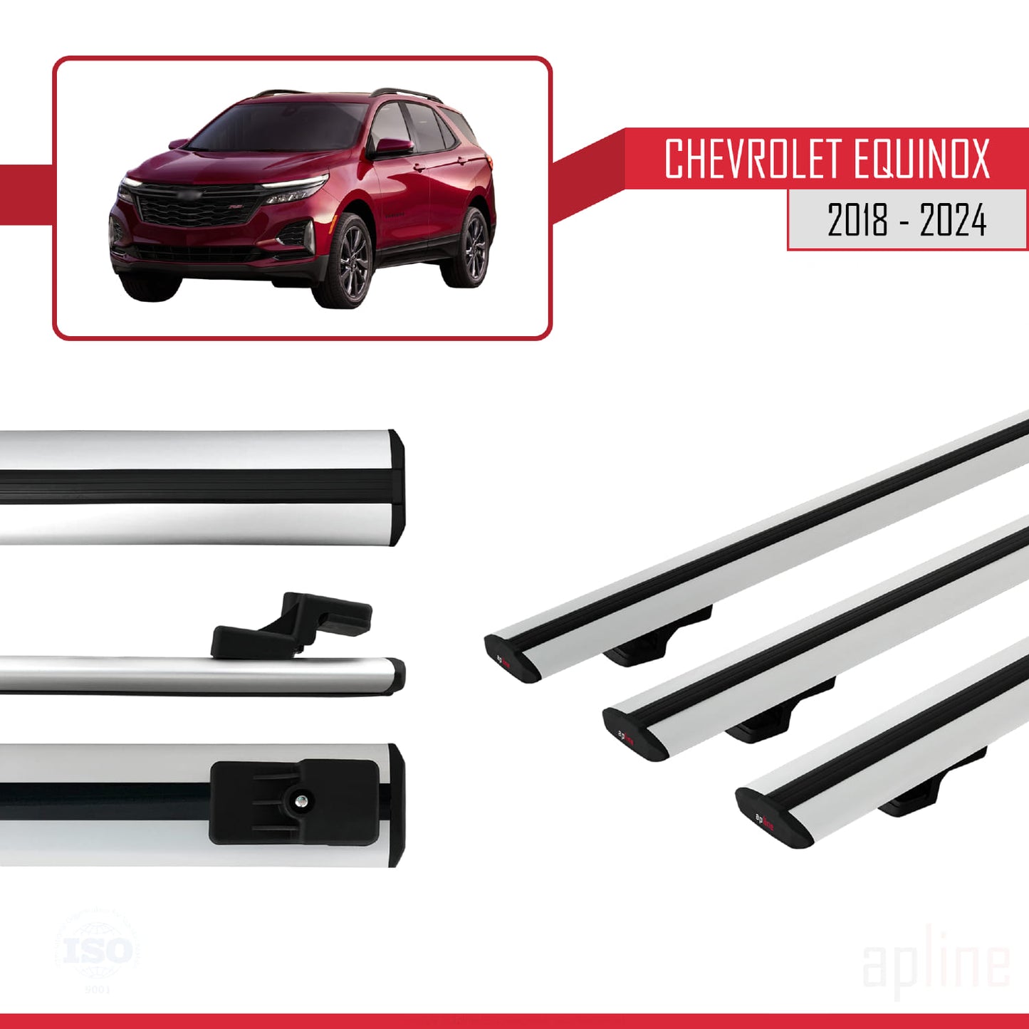 Kompatibel mit Chevrolet Equinox 2018-2024 BASIC Modell Dachgepäckträger, graues Aluminium, 3 Stangen