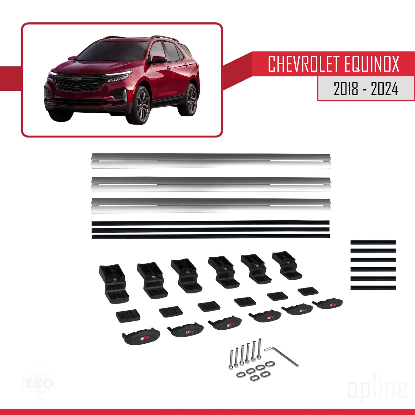 Kompatibel mit Chevrolet Equinox 2018-2024 BASIC Modell Dachgepäckträger, graues Aluminium, 3 Stangen