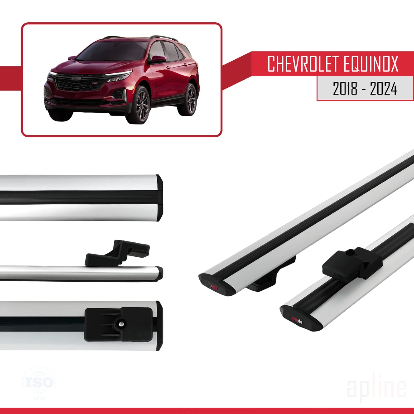 Kompatibel mit Chevrolet Equinox 2018-2024 BASIC Modell Dachgepäckträger, graues Aluminium, 2 Stangen