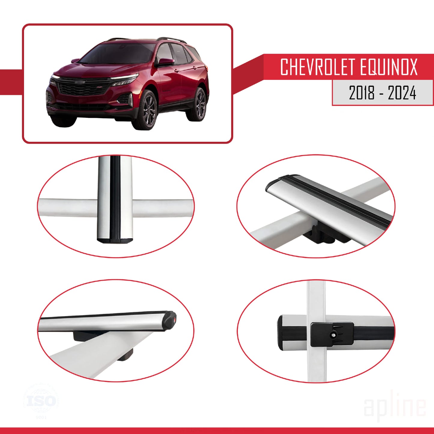 Kompatibel mit Chevrolet Equinox 2018-2024 BASIC Modell Dachgepäckträger, graues Aluminium, 2 Stangen