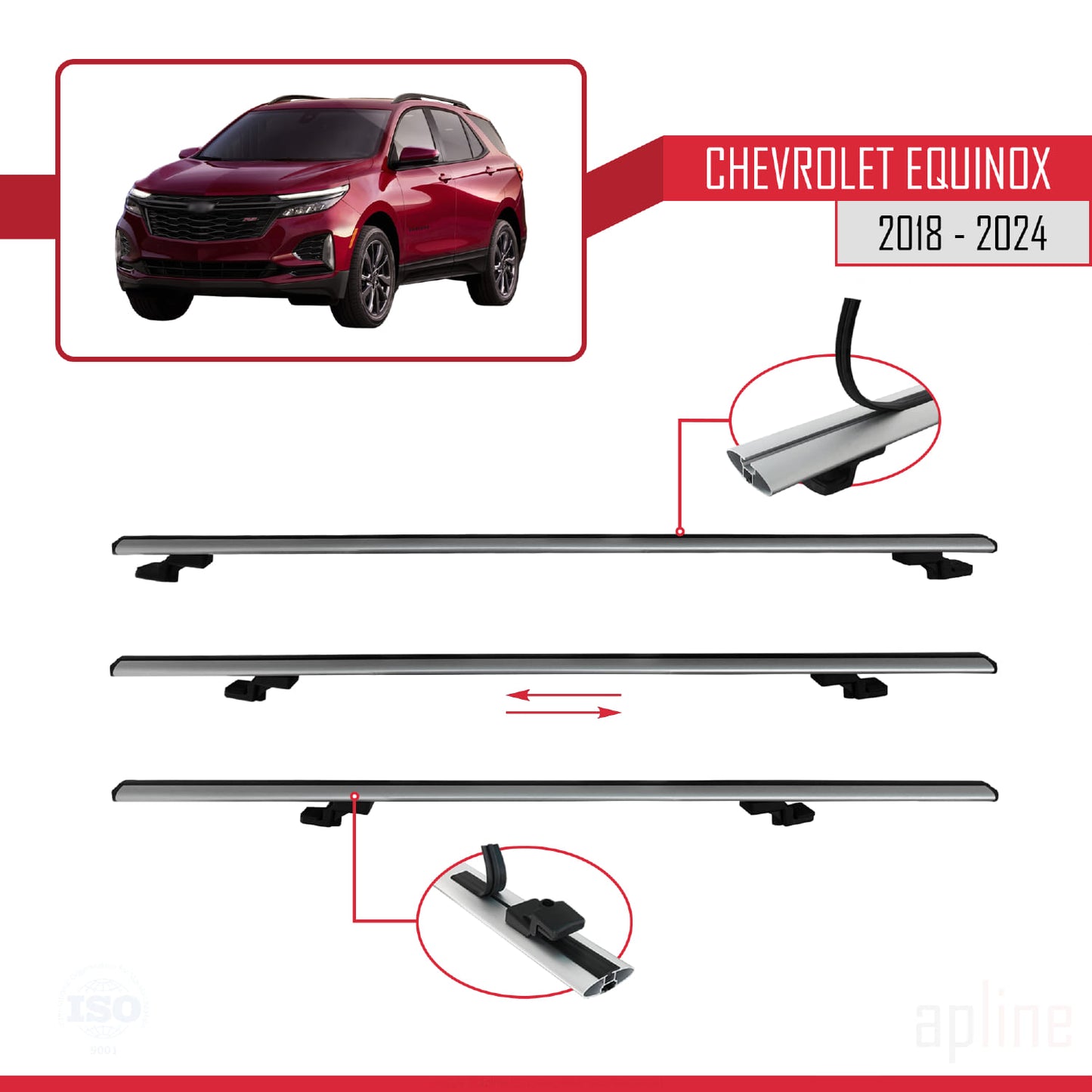 Kompatibel mit Chevrolet Equinox 2018-2024 BASIC Modell Dachgepäckträger, graues Aluminium, 2 Stangen