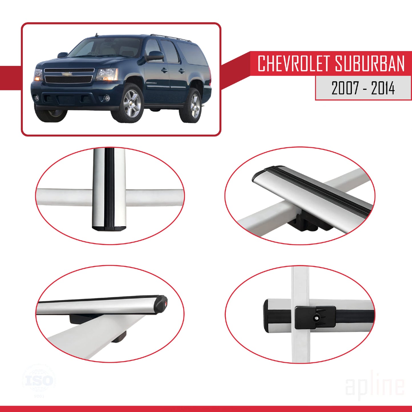 Kompatibel mit Chevrolet Suburban 2007-2014 BASIC Modell Dachreling Gepäckträger Graues Aluminium 3 Stangen