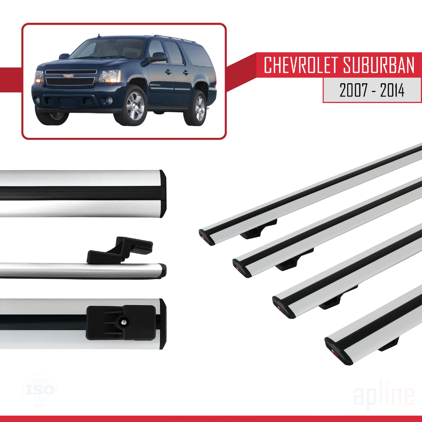Kompatibel mit Chevrolet Suburban 2007-2014 BASIC Modell Dachreling Gepäckträger Graues Aluminium 4 Stangen