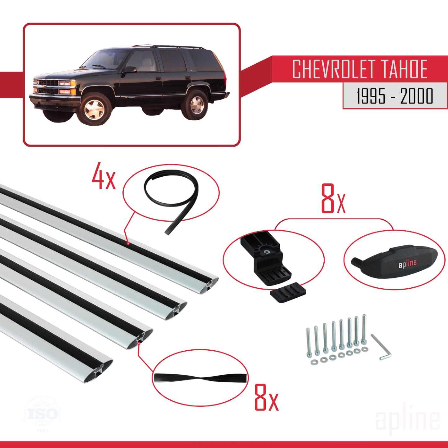 Kompatibel mit Chevrolet Tahoe 1995-2000 BASIC Modell Dachgepäckträger, graues Aluminium, 4 Stangen
