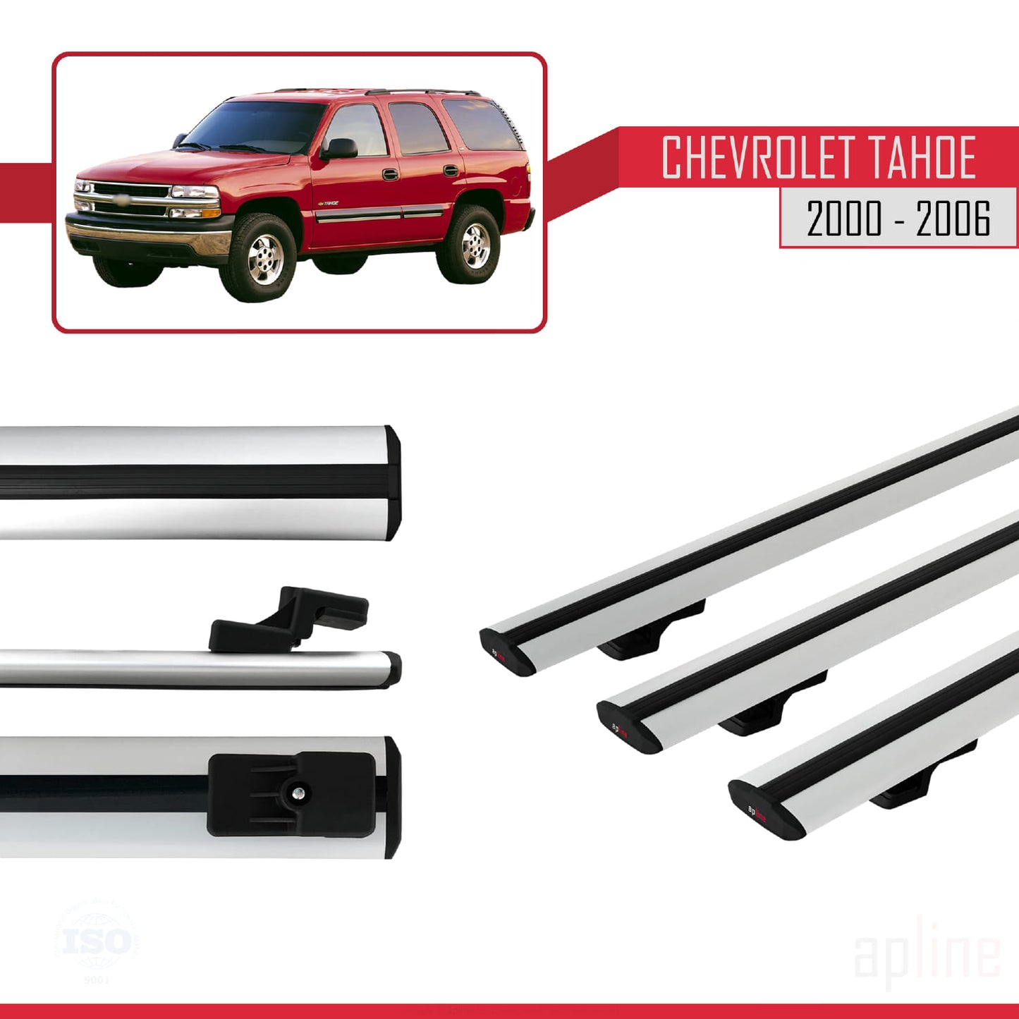 Kompatibel mit Chevrolet Tahoe 2000-2006 BASIC Modell Dachgepäckträger, graues Aluminium, 3 Stangen