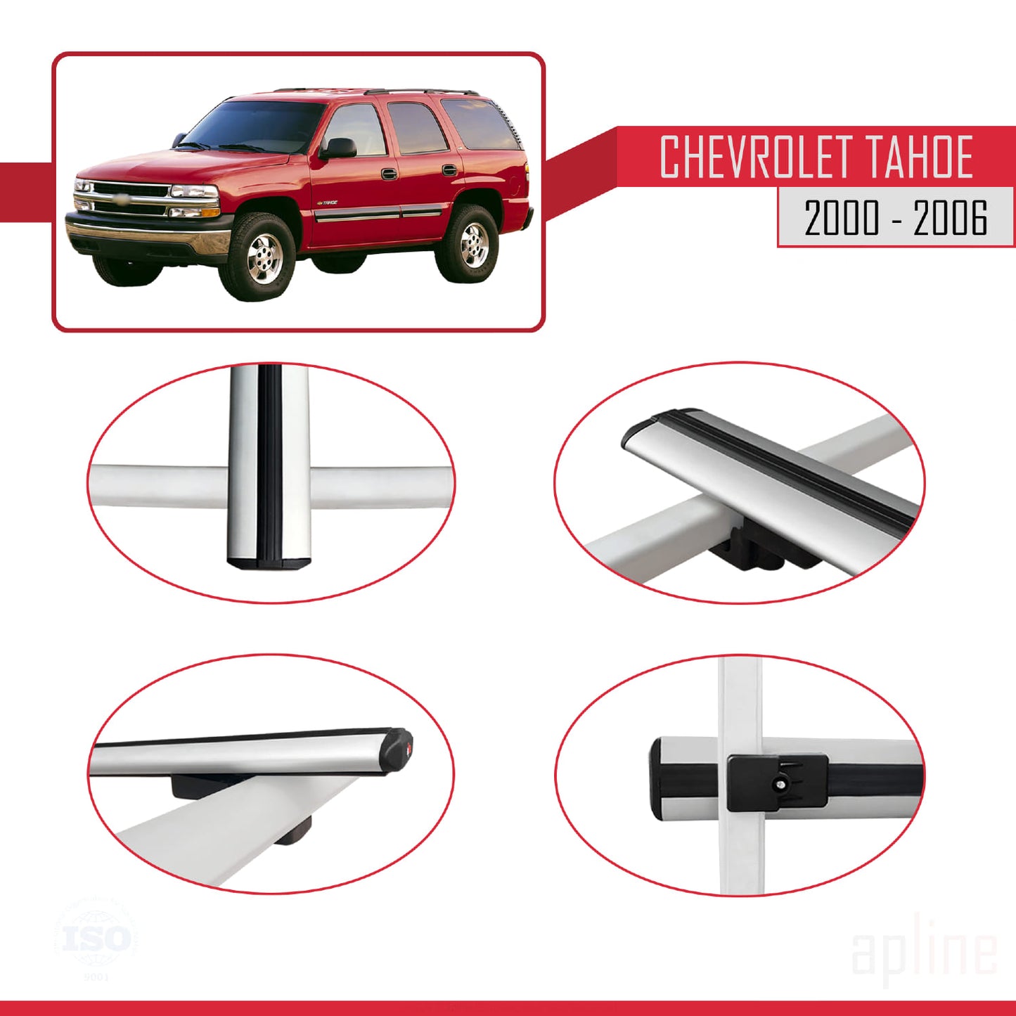 Kompatibel mit Chevrolet Tahoe 2000-2006 BASIC Modell Dachgepäckträger, graues Aluminium, 3 Stangen