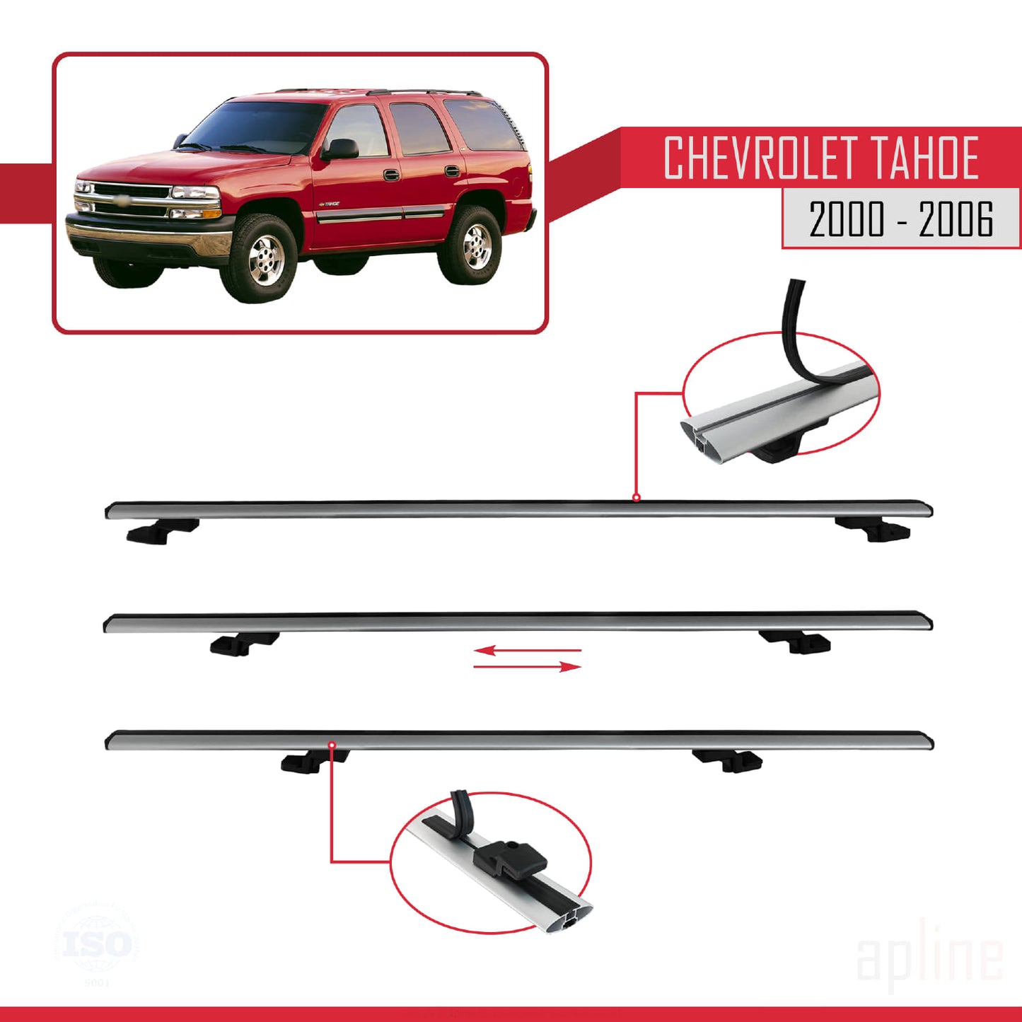 Kompatibel mit Chevrolet Tahoe 2000-2006 BASIC Modell Dachgepäckträger, graues Aluminium, 2 Stangen