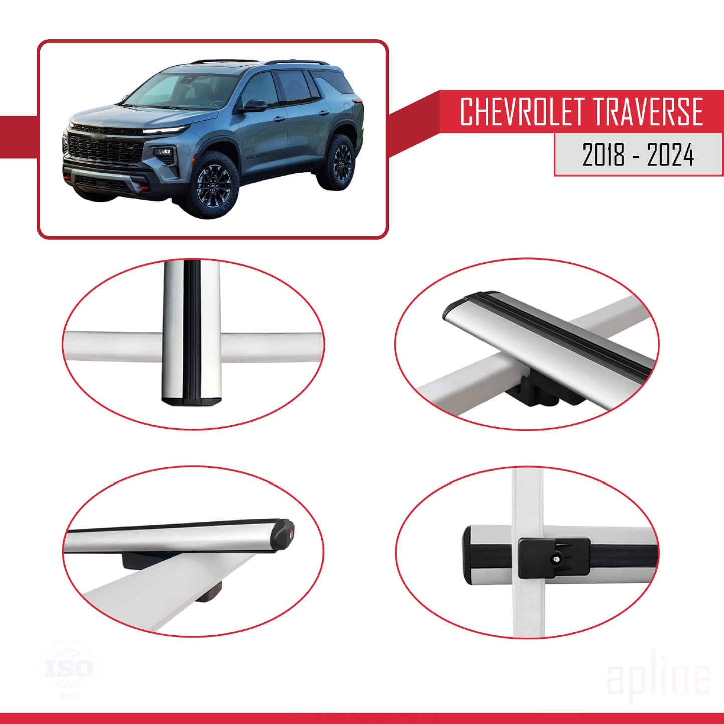 Compatible with Chevrolet Traverse 2018-2024 BASIC Model Car Roof Rack Cross Bar Grey Aluminium 3 Bars