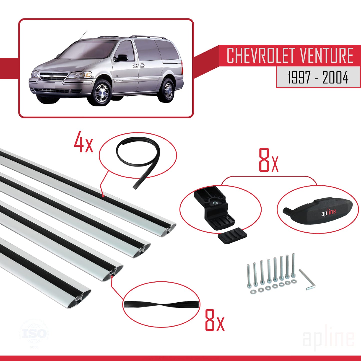 Compatible with Chevrolet Venture 1997-2004 BASIC Model Car Roof Rack Cross Bar Grey Aluminium 4 Bars