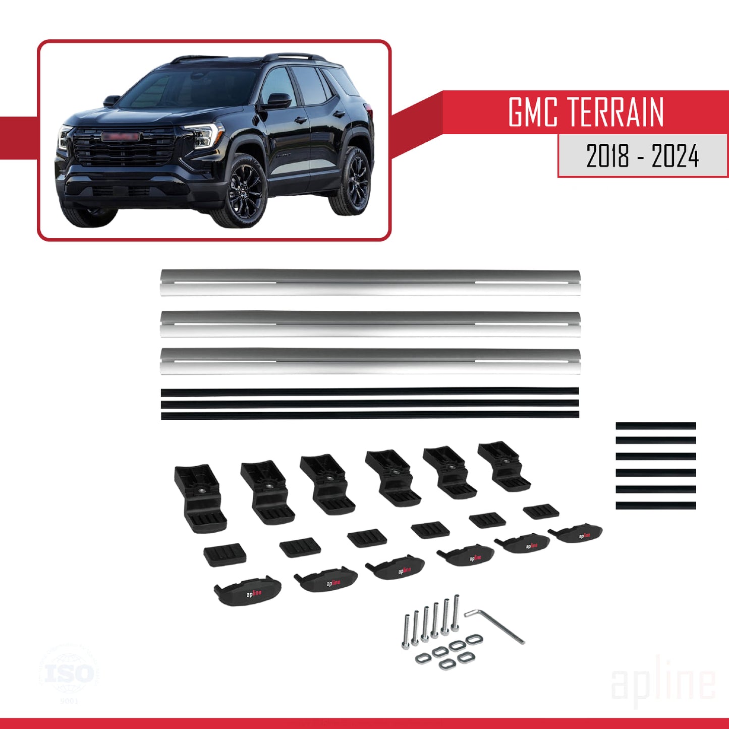 Kompatibel mit GMC Terrain 2018-2024 BASIC Modell Dachreling Gepäckträger Graues Aluminium 3-Stangen