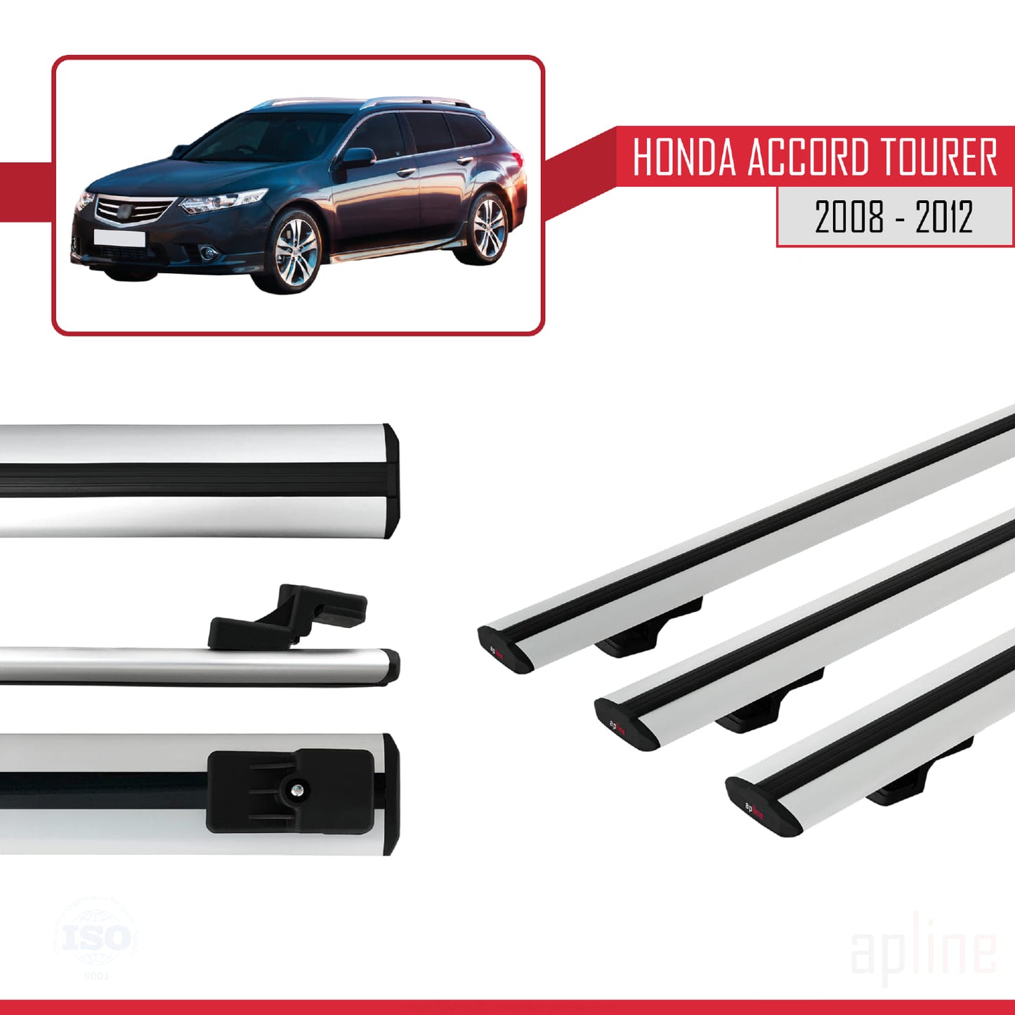 Compatible with Honda Accord Tourer 2008-2012 BASIC Model Car Roof Rack Cross Bar Grey Aluminium 3 Bars