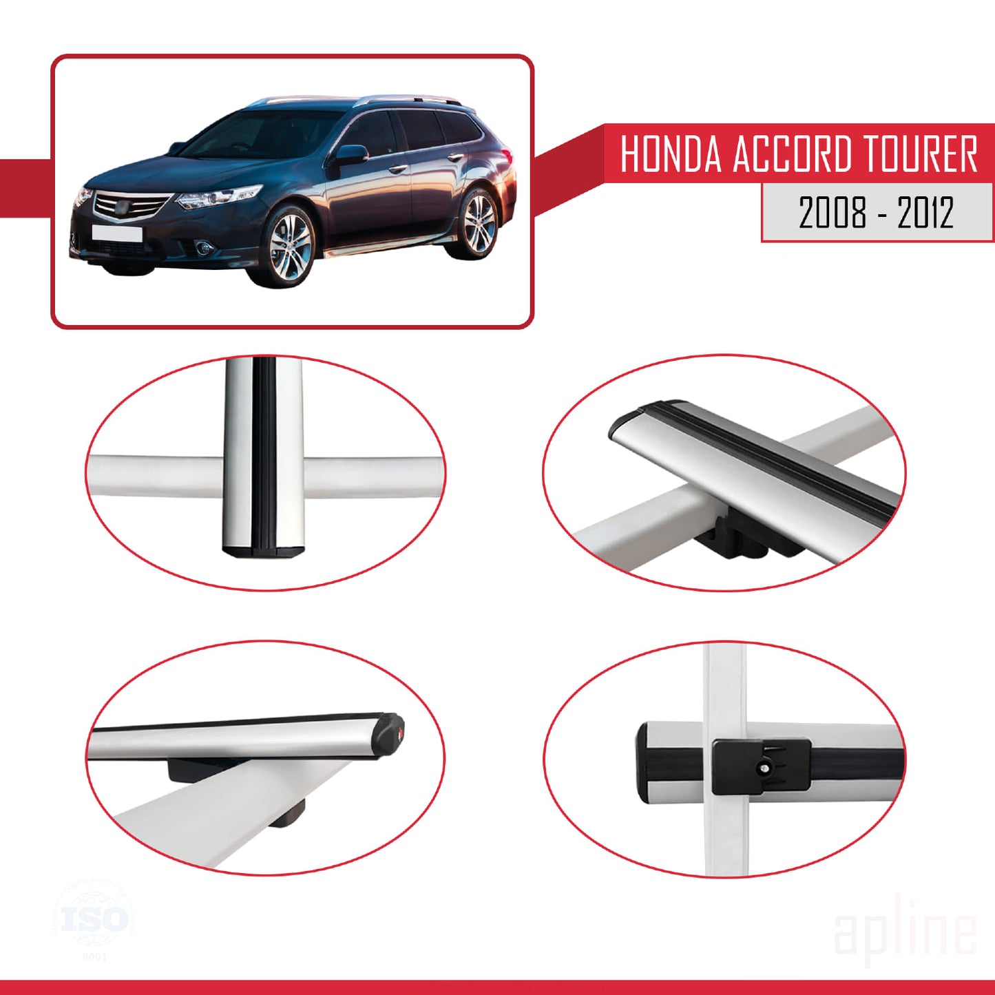 Compatible with Honda Accord Tourer 2008-2012 BASIC Model Car Roof Rack Cross Bar Grey Aluminium 3 Bars
