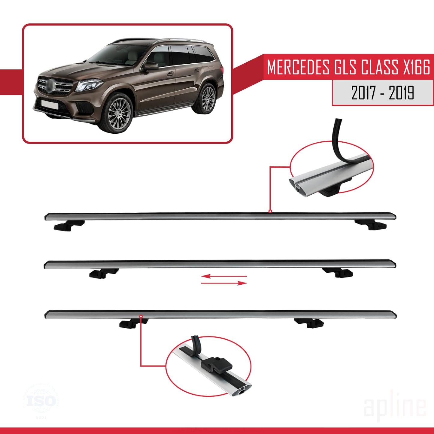 Compatible avec Mercedes GLS Class X166 2017-2019 BASIC Model Barres de Toit Railing Porte-Bagages de Voiture Gris Aluminium 3 Barres