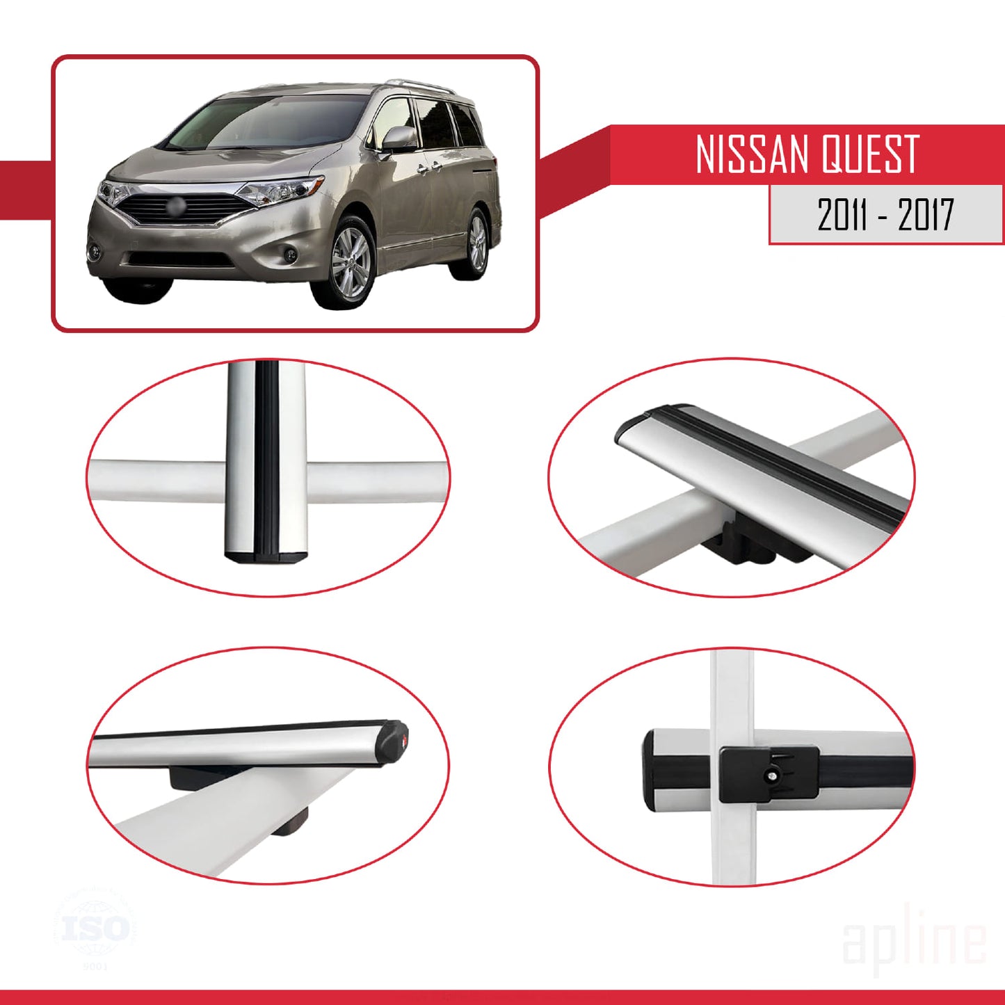 Compatible avec Nissan Quest 2011-2017 BASIC Model Barres de Toit Railing Porte-Bagages de Voiture Gris Aluminium 3 Barres