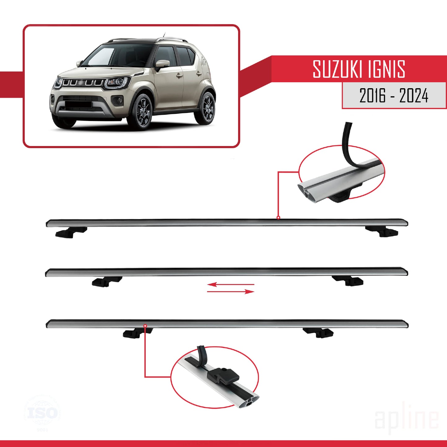 Compatible avec Suzuki Ignis 2016-2024 BASIC Model Barres de Toit Railing Porte-Bagages de Voiture Gris Aluminium 2 Barres