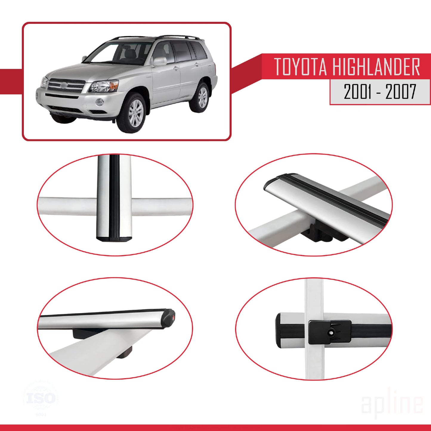Compatible avec Toyota Highlander 2001-2007 BASIC Model Barres de Toit Railing Porte-Bagages de Voiture Gris Aluminium 3 Barres