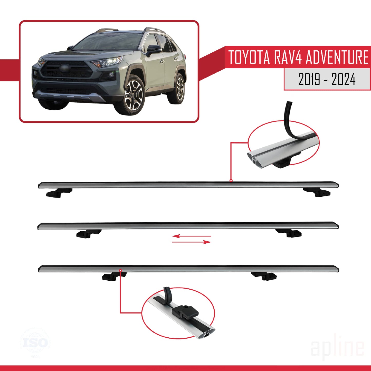 Compatible avec Toyota RAV4 Adventure 2019-2024 BASIC Model Barres de Toit Railing Porte-Bagages de Voiture Gris Aluminium 2 Barres