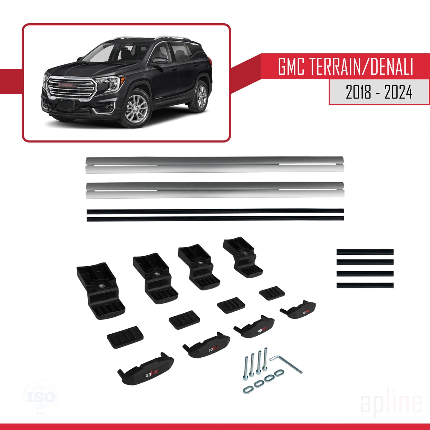 Kompatibel mit GMC Terrain / Denali 2018-2024 BASIC Modell Dachreling Gepäckträger Graues Aluminium 2 Stangen