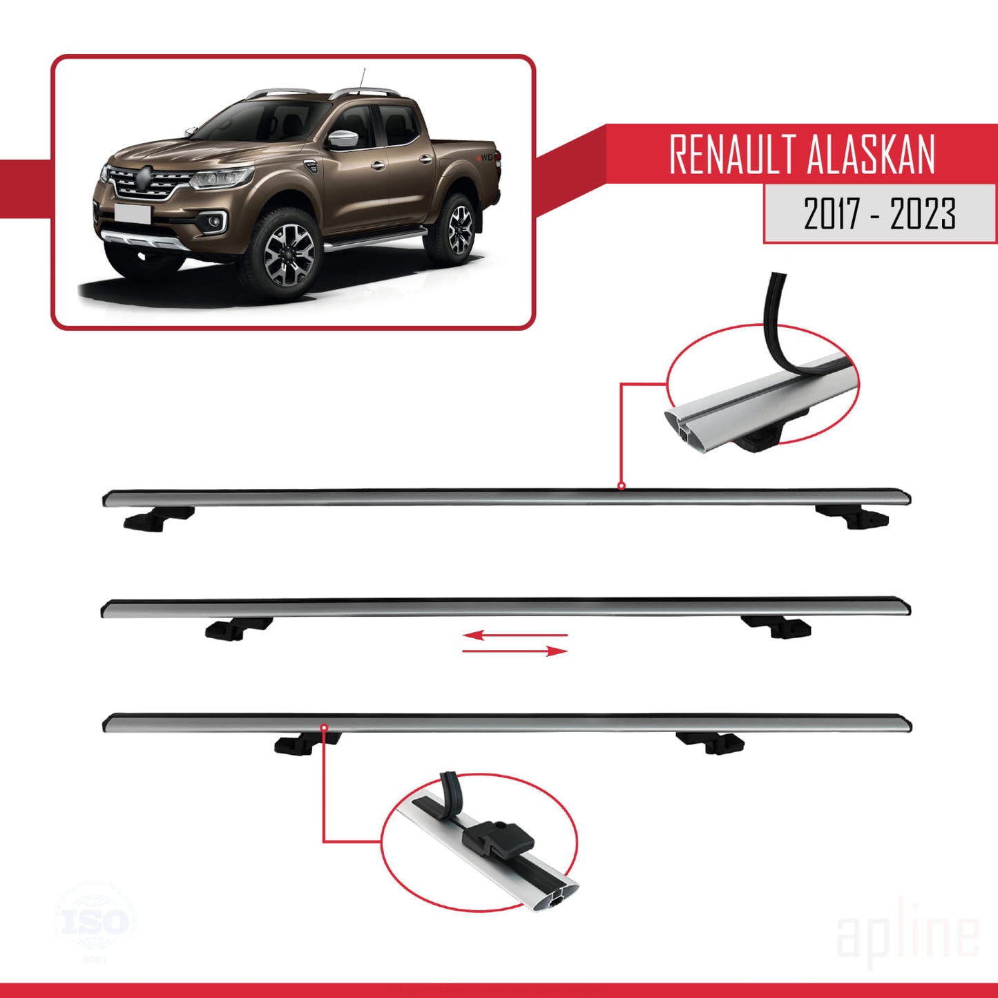 Compatible avec Renault Alaskan 2017-2023 BASIC Model Barres de Toit Railing Porte-Bagages de Voiture Gris Aluminium 3 Barres
