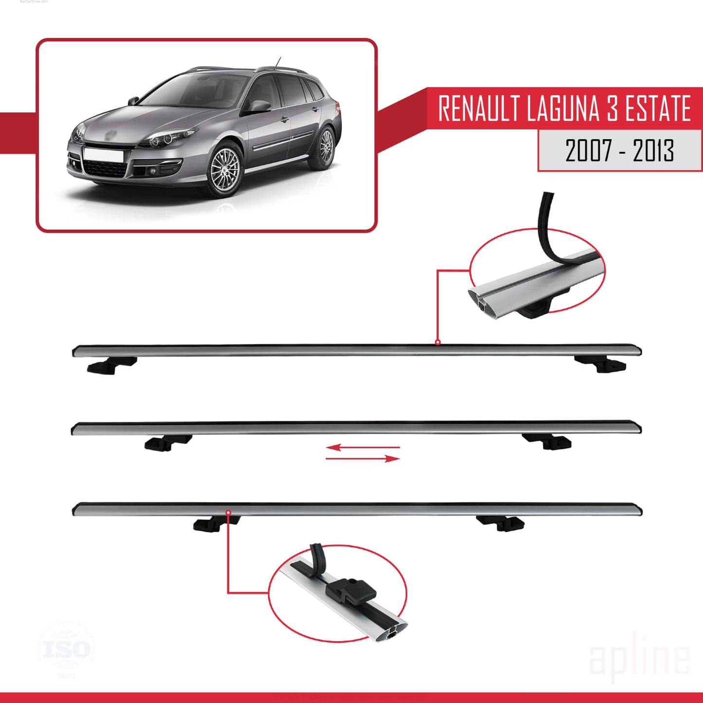 Compatible avec Renault Laguna 3 Estate 2007-2013 BASIC Model Barres de Toit Railing Porte-Bagages de Voiture Gris Aluminium 3 Barres