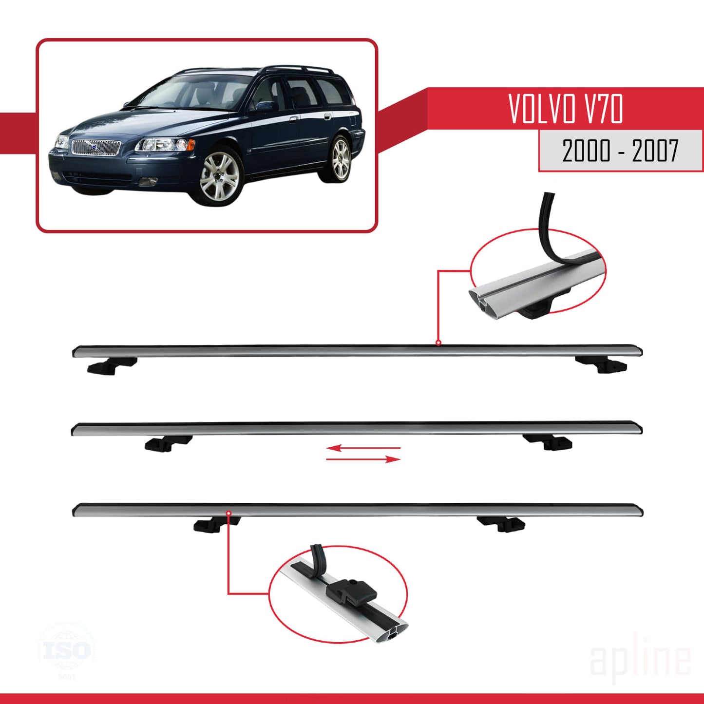Compatible avec Volvo V70 2000-2007 BASIC Model Barres de Toit Railing Porte-Bagages de Voiture Gris Aluminium 2 Barres