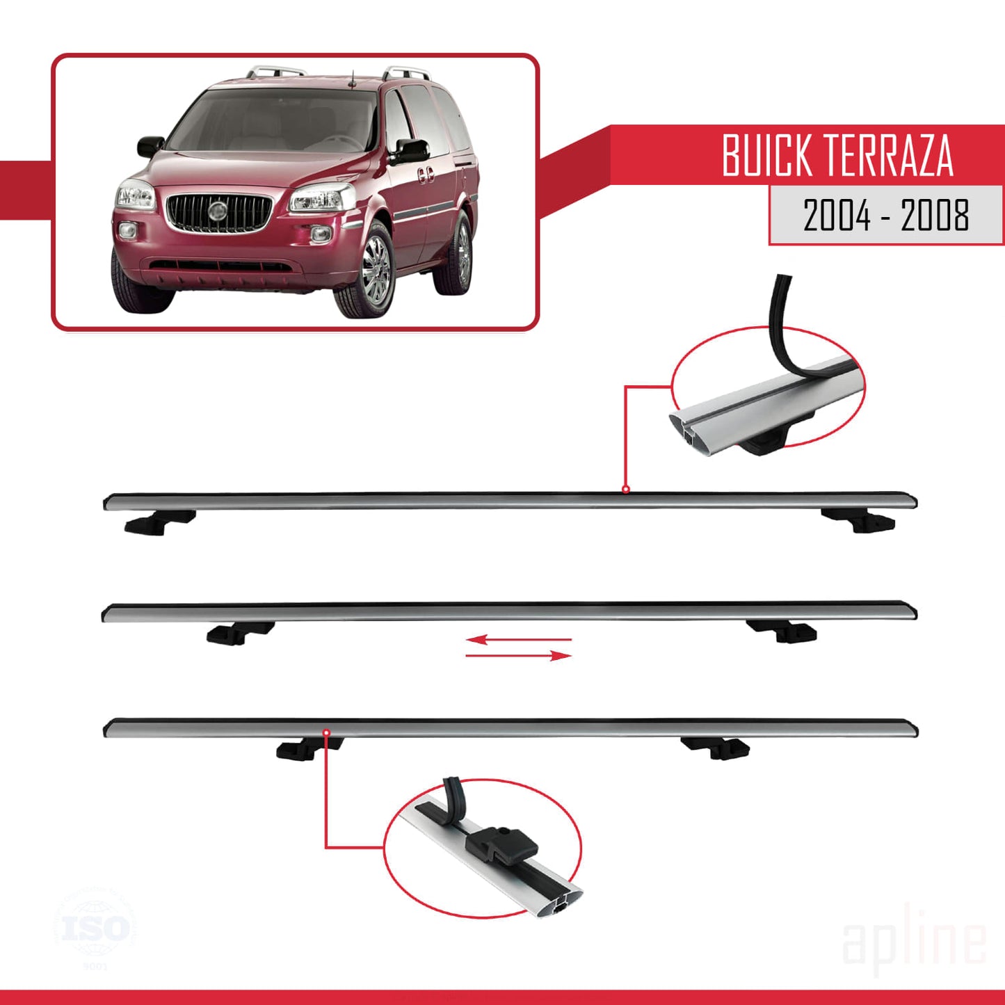 Kompatibel mit Buick Terraza CXL 2004-2008 BASIC Modell Dachreling Gepäckträger Graues Aluminium 3-Stangen