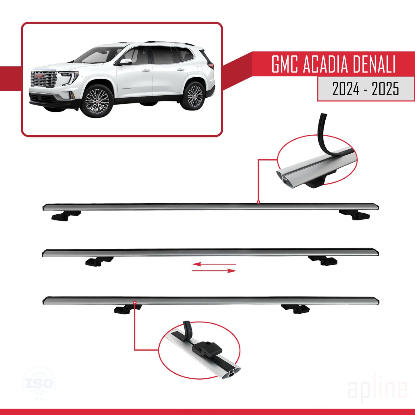 Kompatibel mit GMC Acadia Denali 2024-2025 BASIC Modell Dachreling Gepäckträger Graues Aluminium 2 Stangen